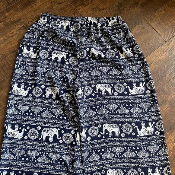 A’GACI Women’s Large Navy & White Ethnic Elephants Wide Leg Boho Hippie Pants - Picture 11 of 11